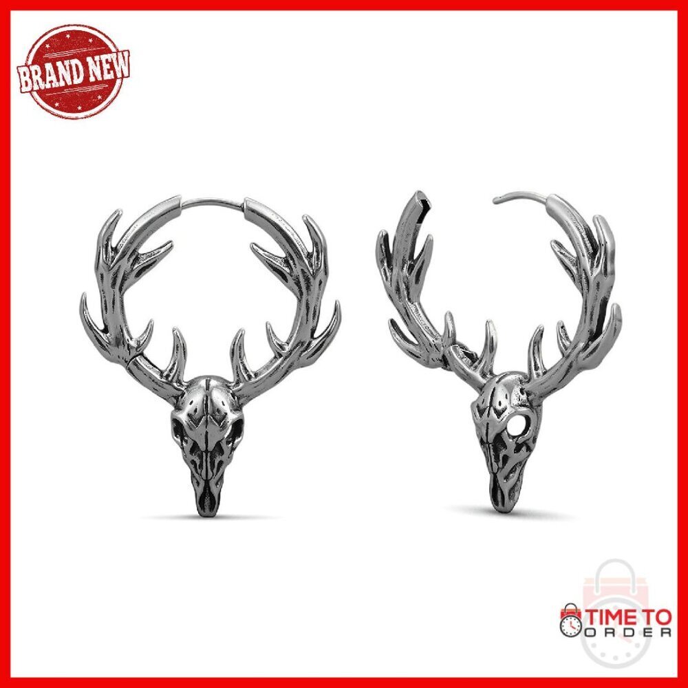 Gothic Stag Skull Hoop Earrings 18G 925 Silver Post Alternative Jewelry